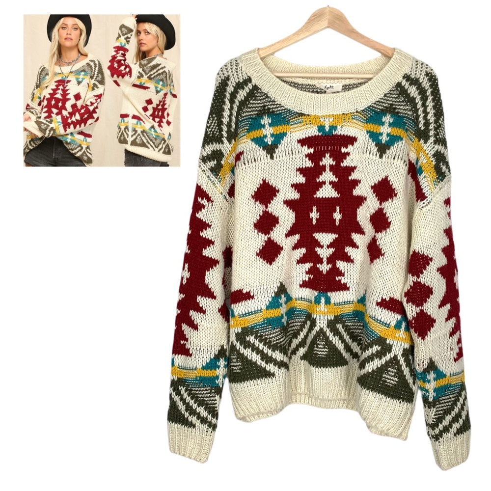 Cozy Tribal Pattern Sweater - Cream and Red